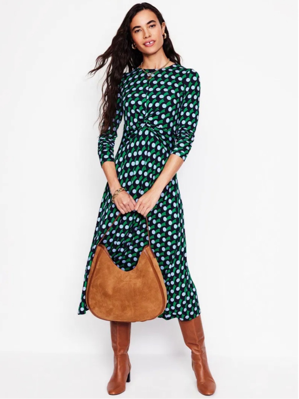 Boden Geometric Twisted Waist Dress in Blue and Green, NWOT, size 4P